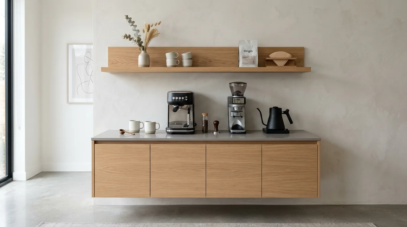 Use closed storage below for the less attractive extras inspiration for a home coffee bar.